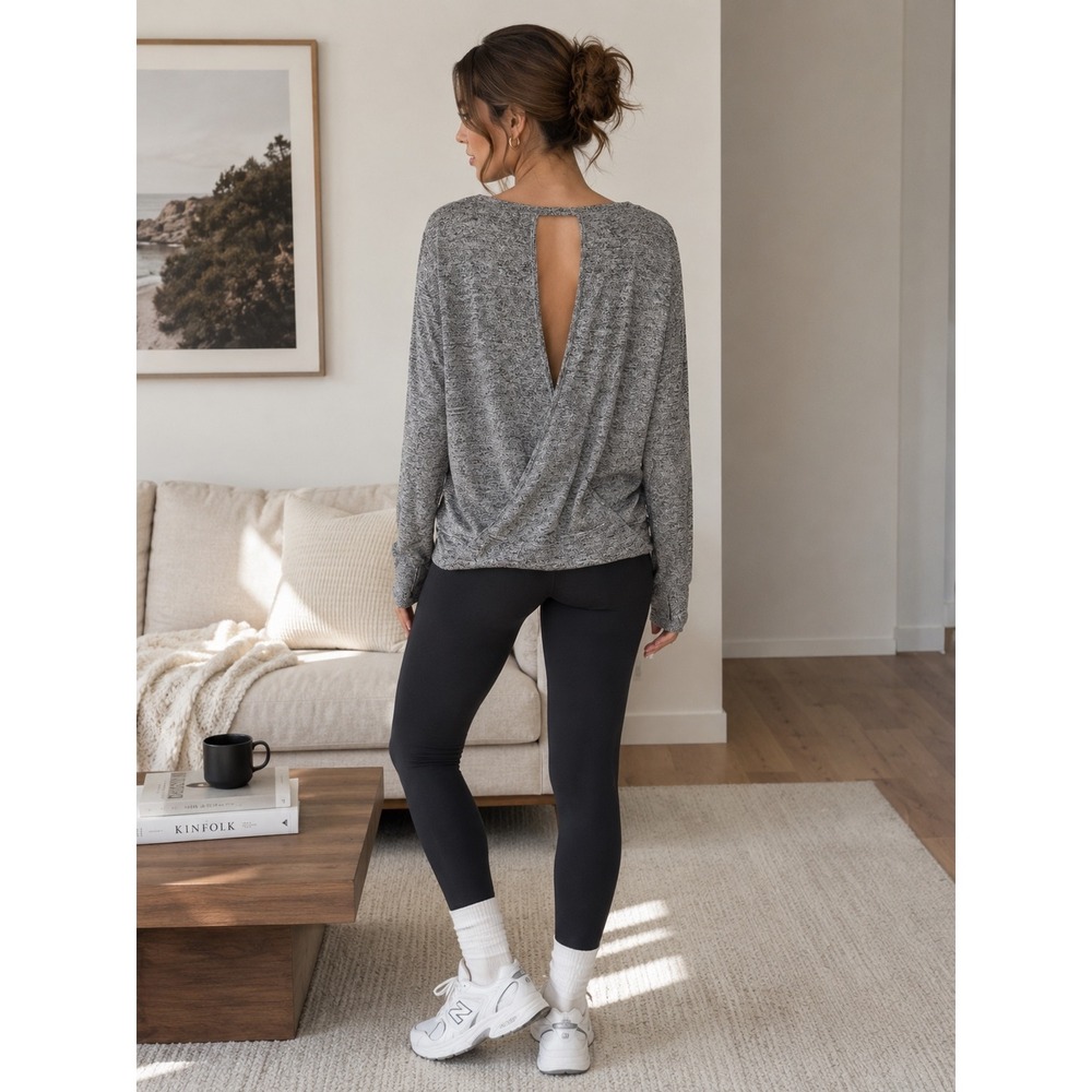 Champion Womens Grey Space Dye Open Tulip Back Long Sleeve Top Large Athleisure